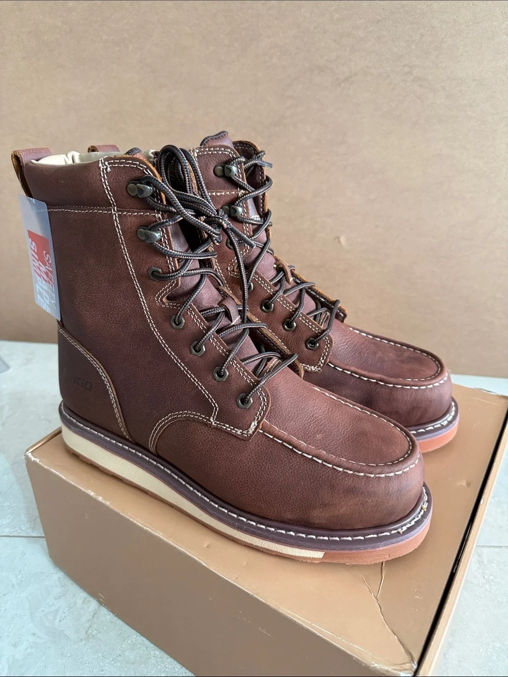 NINGO Steel Toe Full Grain Leather Brown Moc Toe Waterproof Work Boots 11 NEW!